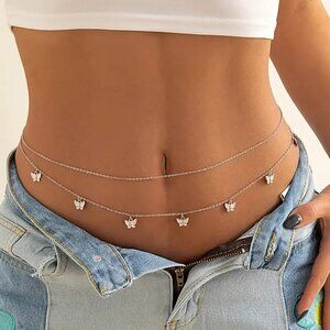 Silver Butterfly Body Chain, Crystal Waist Belly Chain Jewelry Rhinestones, Cute